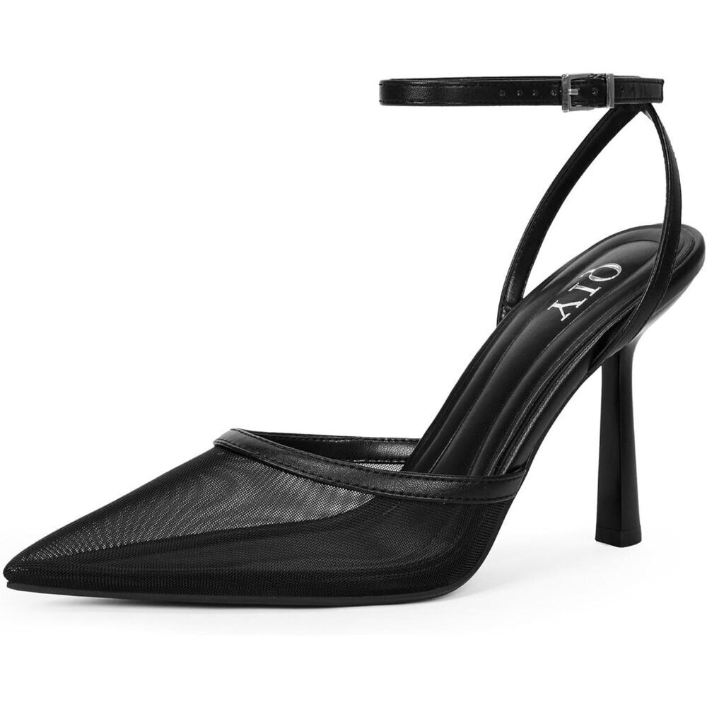 Women Black Mesh Pumps Stiletto Wedding Dress Closed Toe Ankle Strap Heel Shoes